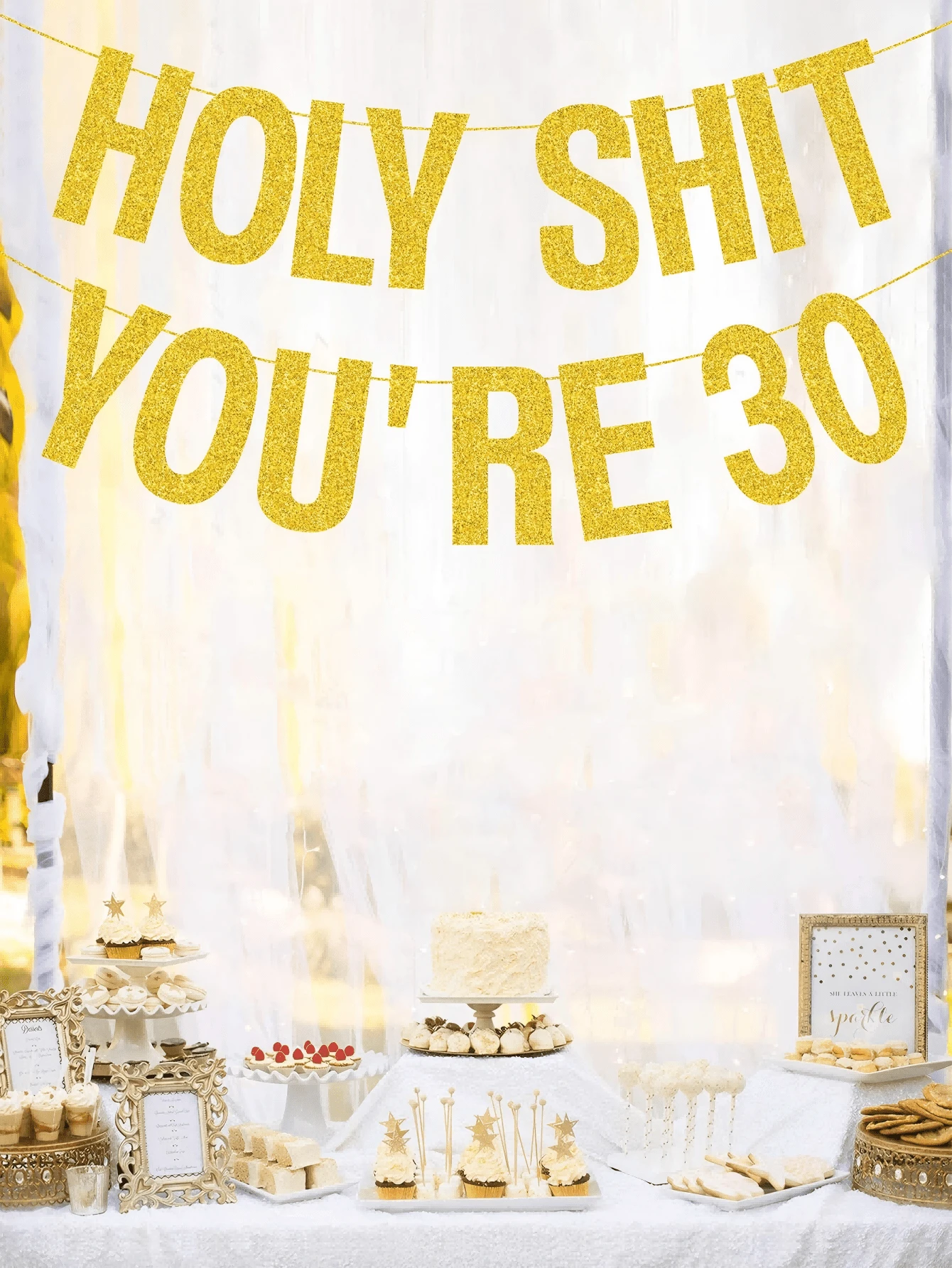 SHEIN 1 套 30 岁 40 岁 50 岁 60 岁 70 岁生日装饰品，适合女性男性金色 DIY 串闪生日派对装饰标志趣味横幅 30 岁生日派对用品神圣的你 30 岁生日横幅派对装饰，圣诞节 - 金色 - 查看 1