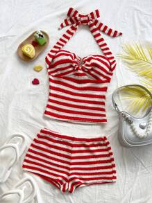Soleia 女士条纹露背吊带背心上衣、短裤套装、度假、西部风、海滩、音乐节、夏季服装、波西米亚风 - 紅白色 - 查看 5