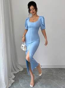 Elenzga 女式夏季针织弹力修身开叉 V 领羊腿袖中长休闲连衣裙