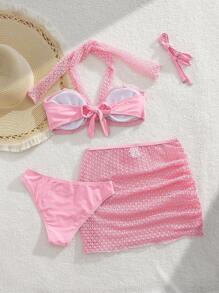 Swim Vcay Pink Mesh Patchwork Solid Color Strapless Sweet Vacation Bikini Set, 3 Pieces - Pink - View 5