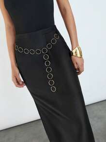 Maija 2025 Summer New Arrival Camisole Dress With Metal Chain Design,Black And Gold,Seksi Chic,Club Night,Wedding Guest Outfit,Bohemian Holiday,Graduation - Black - View 2