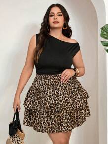 SHEIN Tall CURVE 大码女式复古豹纹荷叶边迷你裙，休闲午餐装，海滩度假装，休闲裙，沙滩装，派对装，情人节装，夏季装，叠层裙 - 棕色 - 查看 6