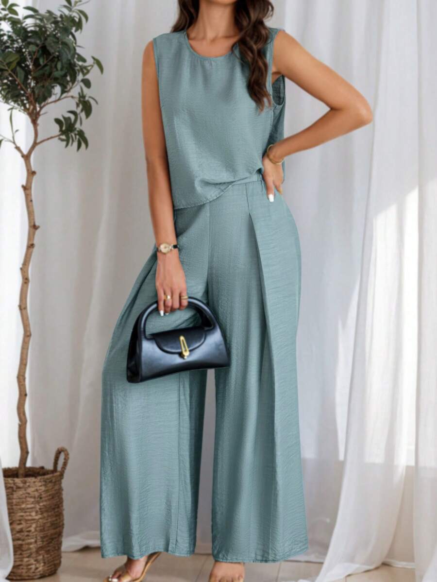 EMERY ROSE Women's Summer Solid Color Round Neck Top And Pleated Wide Leg Casual Casual Two-Piece Set - Dusty Blue - View 1