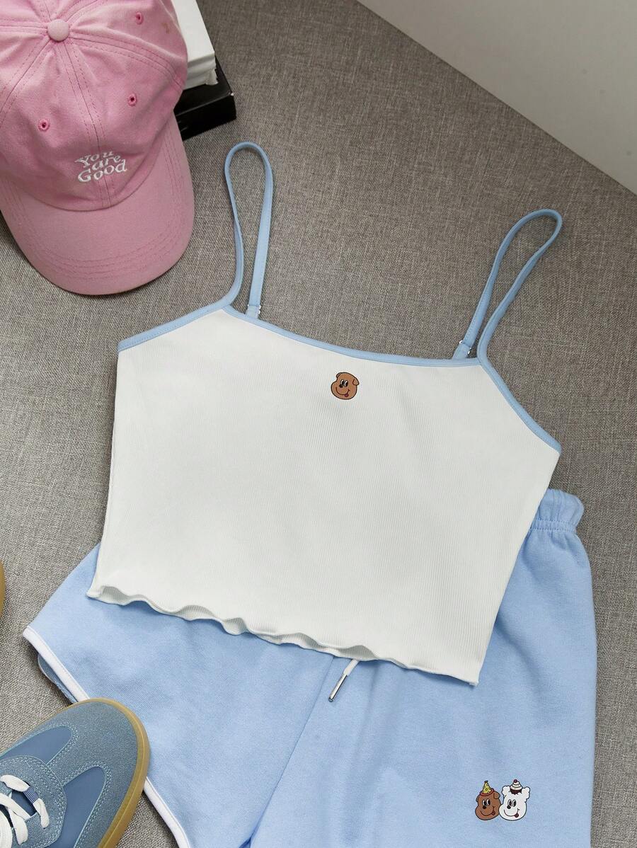 one one zero seven Cute Tops, Baby Blue & White, Color Block, Cartoon Pattern, Minimalist Design Women's Camisole Top, Suitable For Summer - Blue and White - View 1
