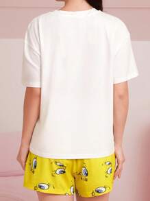 LOONEY TUNES X SHEIN 女士可爱崔弟鸟印花短袖上衣和短裤睡衣套装，夏季休闲