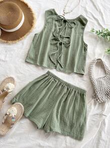 Soleia Women's Vacation Casual Loose Backless Tie Textured Fabric A-Line Tank Top & Elastic Waist Shorts With Pockets, For Beach & Seaside