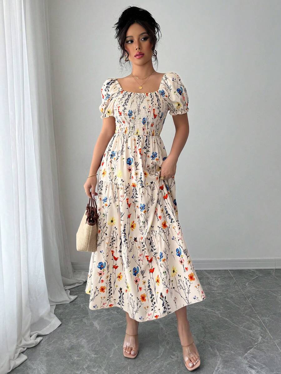 Elenzga Random Print Short Sleeve Midi Dress For Women - Multicolor - View 1