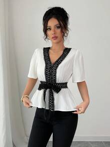 Elenzga Áo cánh tay ngắn thanh lịch viền ren cho nữ, mùa hè - trắng - Xem 6