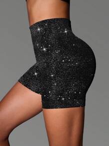 Seamluxe SHEIN Sport Seamless Ribbed Elastic Glitter Party Style Sports Shorts - Black - View 4