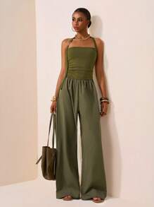 Zivah 2025 Spring And Summer New Casual Vacation Halter Tube Top Side Gathered Workwear Long Jumpsuit, Suitable For Daily Outings, Sailing And Sunny Vacations, Parties, Music Festivals, Old Money Style, Olive Green-B