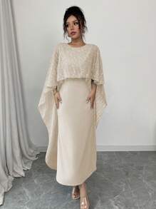 Elenzga Elegant Sequin Textured Cape Decor Dress - Apricot - View 4