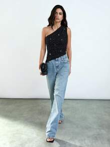 Maija Women Black Summer 70's Night Out Party Disco Top,Elegant Asymmetrical Neck Rhinestone Sequin Decor Cinched Waist,Boho Vacation Wedding Guest Apparel - Black - View 4