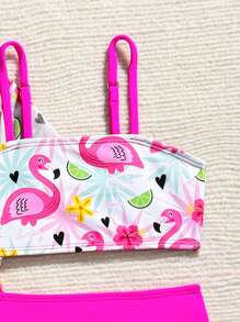 3pcs Baby Girl Summer Vacation Flamingo Print Swimsuit Set With Cover-Up - Multicolor - View 4