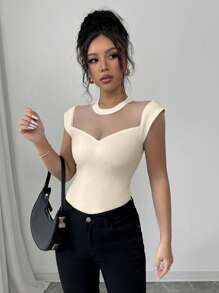 Elenzga Women's Summer Elastic Knit Mesh Fitted T-Shirt - Apricot - View 5