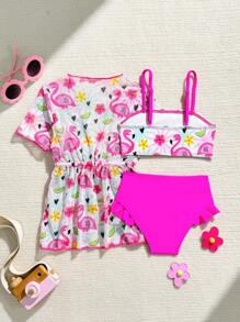 3pcs Baby Girl Summer Vacation Flamingo Print Swimsuit Set With Cover-Up - Multicolor - View 2