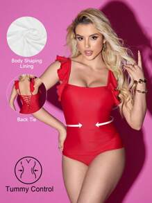 Shapewave 1pc Women Tummy Control Ruffle Trim Swimsuit, One-Piece Halter Neck Style, Suitable For Spring/Summer Beach, Holiday Party, Elegant Casual - Red - View 3