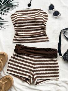 Soleia 2pcs Set: Ruched Bandeau & Low Waist Shorts In Red & White Contrast Color, Textured Crochet Knit, For Vacation,Summer Sets