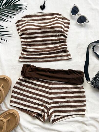 Soleia 2pcs Set: Ruched Bandeau & Low Waist Shorts In Red & White Contrast Color, Textured Crochet Knit, For Vacation,Summer Sets