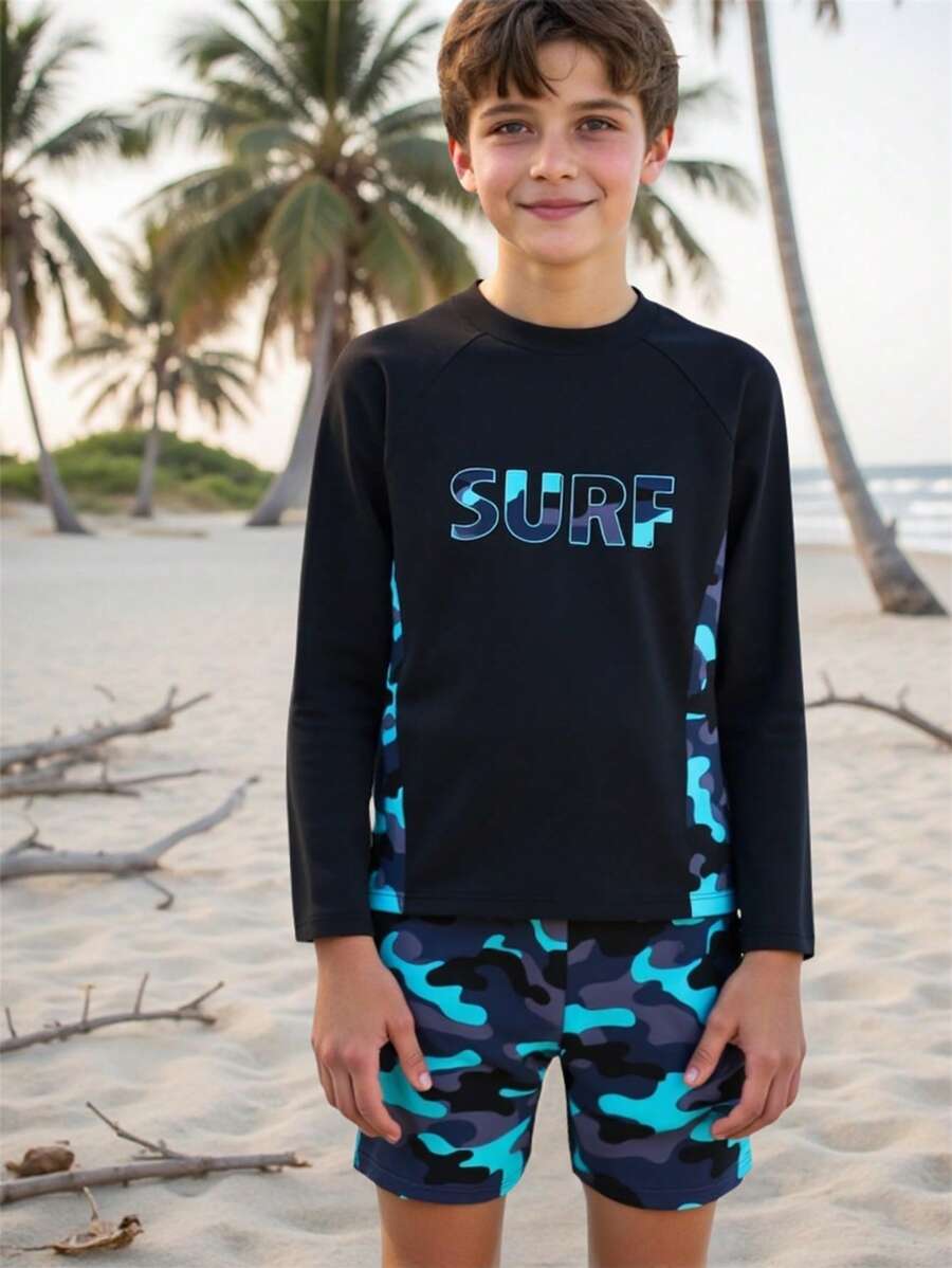 Tween Boy Summer Vacation Letter Camo Print Raglan Sleeve Top And Shorts Swimsuit Set, Random Print Kids Swimming ,Kids Beachwear - Multicolor - View 1