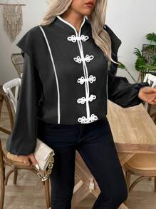 SHEIN LUNE Plus Size Women's Elegant Mixed Color Button Lantern Sleeve Neo-Traditional Blouse - Black and White - View 4