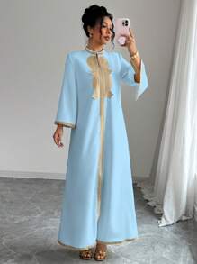 Elenzga Vestido elegante con escote en V, con encaje bordado y abertura para mujeres - Azul - Ver 5