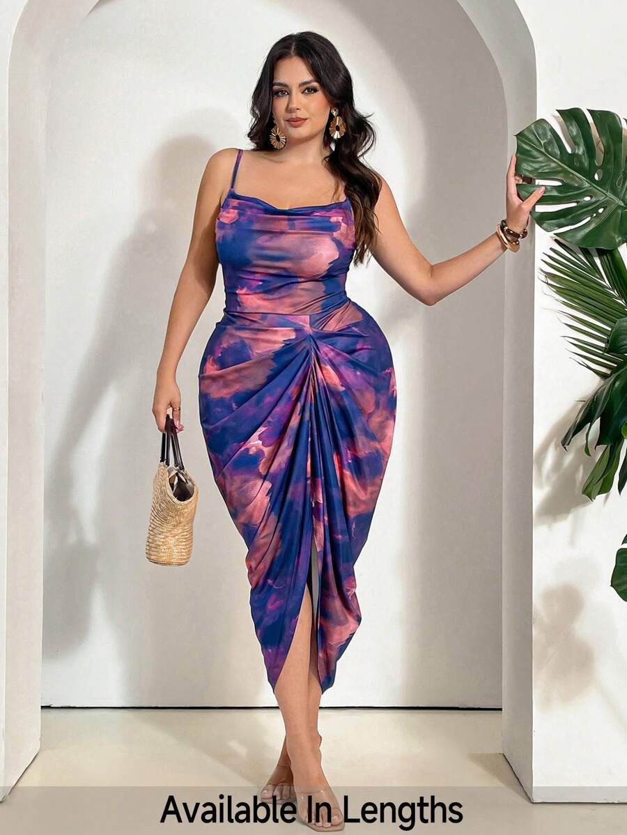 SHEIN Tall CURVE 大码女式 V 领开叉拼色扎染印花连衣裙，适合日常、节日、约会、派对场合