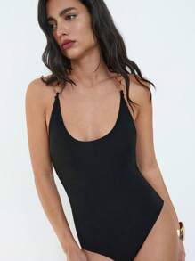Maija 2025 Summer New Arrival Camisole Dress With Metal Chain Design,Black And Gold,Seksi Chic,Club Night,Wedding Guest Outfit,Bohemian Holiday,Graduation - Black - View 5