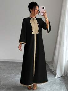 Elenzga 女士优雅 V 领刺绣蕾丝拼布开衩连衣裙 - 黑色 - 查看 6