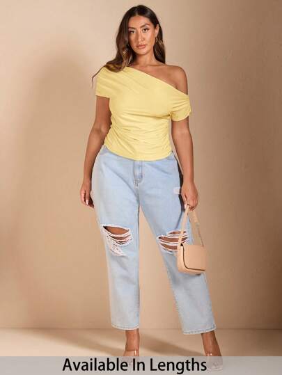 SHEIN Tall CURVE Camiseta de manga corta con un solo hombro y unicolor para mujer talla grande