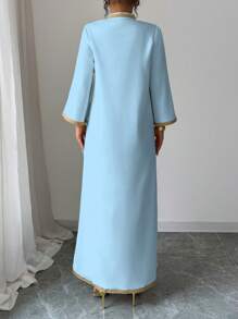 Elenzga Vestido elegante con escote en V, con encaje bordado y abertura para mujeres - Azul - Ver 2