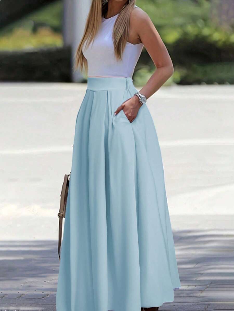 Chiquease A-Line Solid Color High Waist Skirt Maxi Women - Baby Blue - View 1