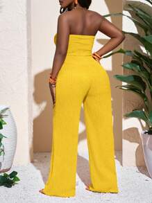 Slaydiva 新款春夏休闲度假性感优雅抹胸蝴蝶结直筒阔腿超长裤橙色罗纹针织女连体裤 - 黃色 - 查看 2