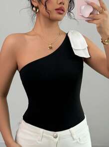 Chiquease Women's Vacation Bowknot One Shoulder Crop Top, Spring/Summer - Black and White - View 5