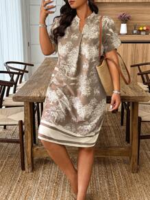 SHEIN Clasi Plus Size Women V-Neck Batwing Sleeve Floral Print Casual Midi Dress - Khaki - View 3