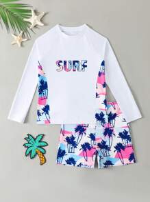 Tween Boy Coconut Tree Printed Long Sleeve Shorts Swimsuit Set