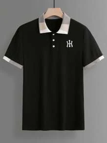 Manfinity Homme Men's Casual Embroidered Rib Collar Short Sleeve Polo Shirt, Boyfriend Gifts, For Golf