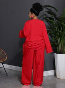 Slaydiva Plus Size Women Casual Solid Notch Neck Long Sleeve Top And Pants 2 Pieces Set Fall - Red - View 2
