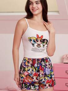 THE POWERPUFF GIRLS X SHEIN Conjunto de pijama con top de tirantes y pantalones cortos con estampado de flores, burbujas y ranúnculos para mujer