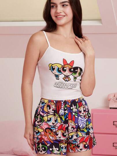 THE POWERPUFF GIRLS X SHEIN Conjunto de pijama con top de tirantes y pantalones cortos con estampado de flores, burbujas y ranúnculos para mujer