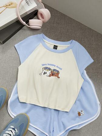 one one zero seven Multicolor, Patchwork, Cartoon Print, Casual, Minimalist Crew Neck Tight Women T-Shirt, Suitable For Summer