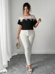 Elenzga Blouse en mousseline femme grande taille, casual et élégante, à manches courtes, coupe ample, panneaux transparents aux épaules, blocs de couleurs, volants, tissu en mousseline noire, printemps/été - Noir - Voir 6