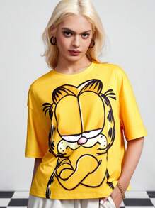 GARFIELD | SHEIN 女式卡通猫印花圆领短袖 T 恤，夏季 - 黃色 - 查看 3