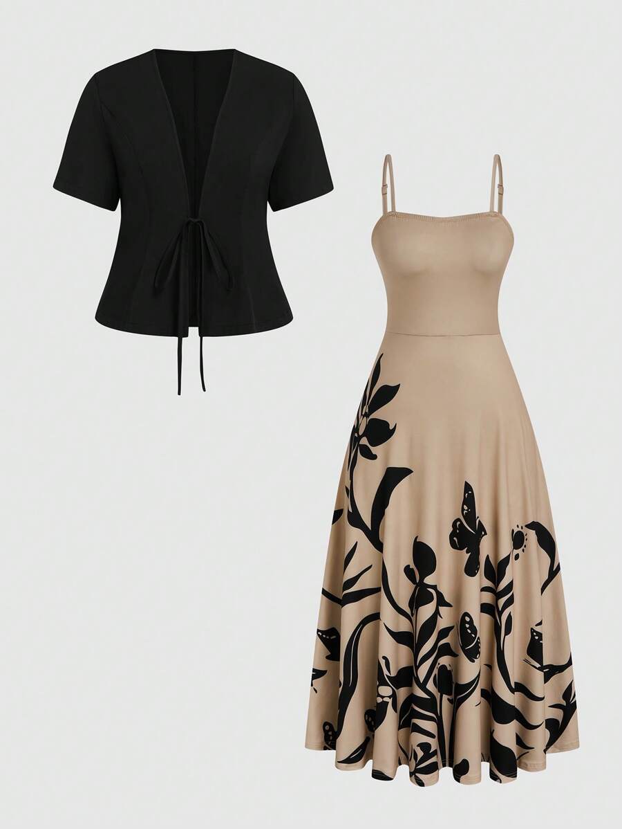 SHEIN Clasi Bộ đồ áo ba lỗ cạp chun cỡ lớn có viền ô và áo len cardigan tay ngắn - màu đen - Xem 1