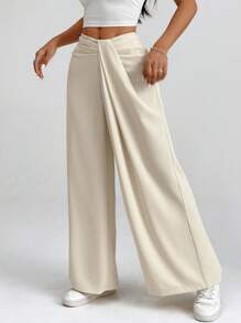 SHEIN X Scheana SHEIN PETITE CURVE 大码纯色时尚裤，适合夏季 - 杏色 - 查看 7