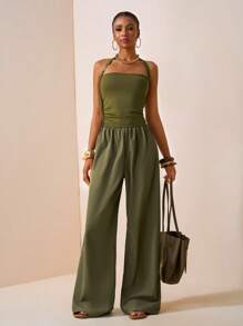 Zivah 2025 Spring And Summer New Casual Vacation Halter Tube Top Side Gathered Workwear Long Jumpsuit, Suitable For Daily Outings, Sailing And Sunny Vacations, Parties, Music Festivals, Old Money Style, Olive Green-B