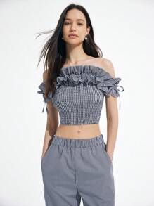 Aveloria GENKIRA Set de 2 piezas de blusa elegante con hombros descubiertos y volantes a cuadros y rayas, con lazo en la cintura y pantalones de pierna ancha, conjunto a juego de ocio y vacaciones con estilo - Blanco y Negro - Ver 6