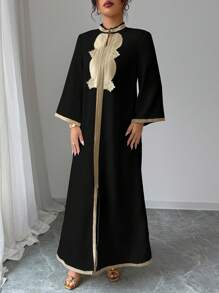 Elenzga 女士优雅 V 领刺绣蕾丝拼布开衩连衣裙 - 黑色 - 查看 3