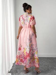 Elenzga 加大码女式宫廷风连衣裙，欧式美式时尚优雅蝴蝶结束腰泡泡袖喇叭长款花卉印花礼服 - 彩色 - 查看 7