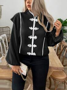SHEIN LUNE Plus Size Women's Elegant Mixed Color Button Lantern Sleeve Neo-Traditional Blouse - Black and White - View 1