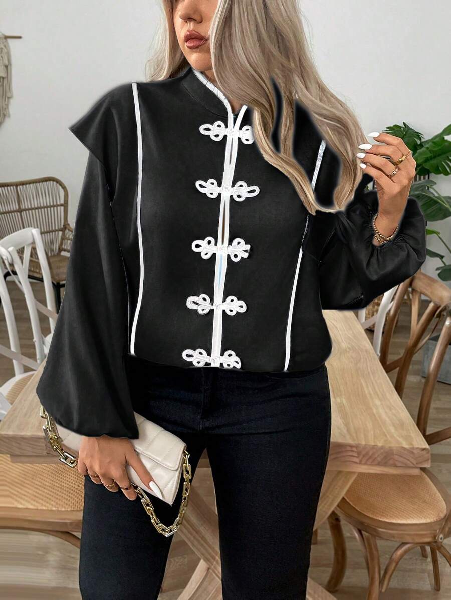 SHEIN LUNE Plus Size Women's Elegant Mixed Color Button Lantern Sleeve Neo-Traditional Blouse - Black and White - View 1